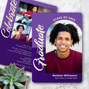 Invitation En Aluminium Purple Graduation 4 Photo Bold Arch Type Real Gold