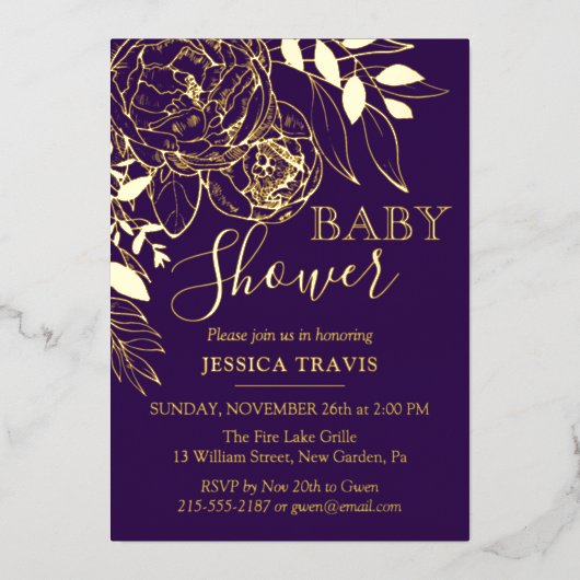 Invitation En Aluminium Purple & Or Baby shower Floral moderne (Recto)