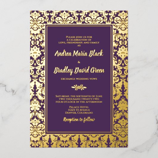 Invitation En Aluminium Purple Real Gold Foil Mariage damassé (Recto)