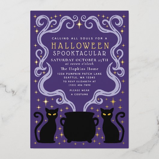 Invitation En Aluminium Purple Witchy Black Cat Cauldron Halloween Party (Recto)