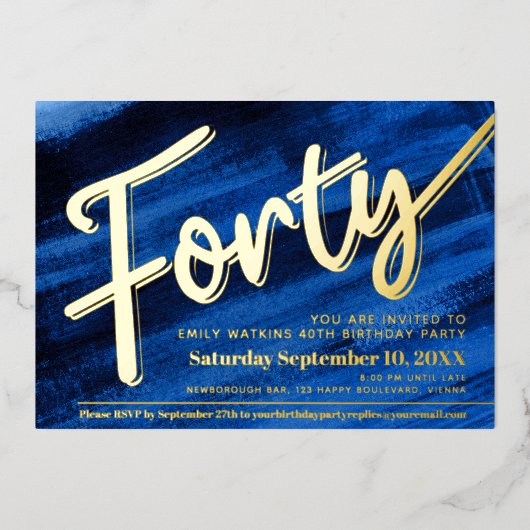 Invitation En Aluminium Quarante 40e anniversaire fête d'art bleu écriture (Recto)