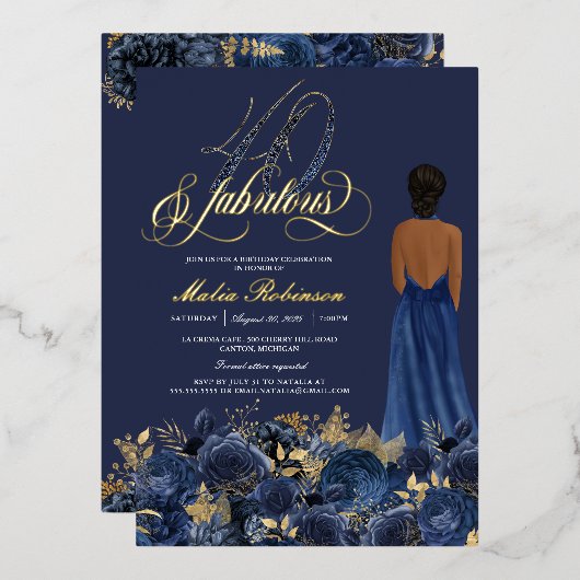 Invitation En Aluminium Quarante et fabuleux Elegant Bleu & Or Anniversair (Recto/Verso)