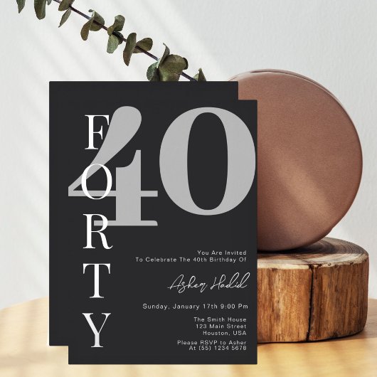 Invitation En Aluminium Quarante | Fête d'anniversaire moderne Silver & Wh
