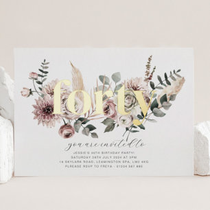 Invitation En Aluminium Quarante Florales - 40e Anniversaire - Or