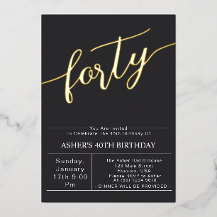 Invitation En Aluminium Quarante Script moderne Black & Gold 40e anniver