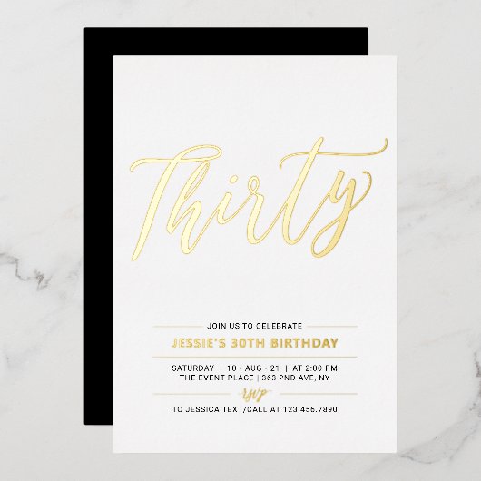 Invitation En Aluminium Quarante | Soirée moderne Gold & Black 30th Birthd (Recto/Verso)