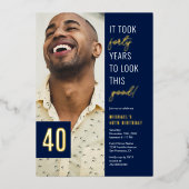 Invitation En Aluminium Quarty Photo Blue & Gold 40th Birthday Party Real (Recto)