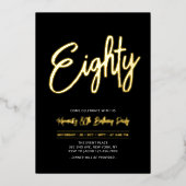 Invitation En Aluminium Quatre-vingts | Black Chic Script Fête d'anniversa (Recto)