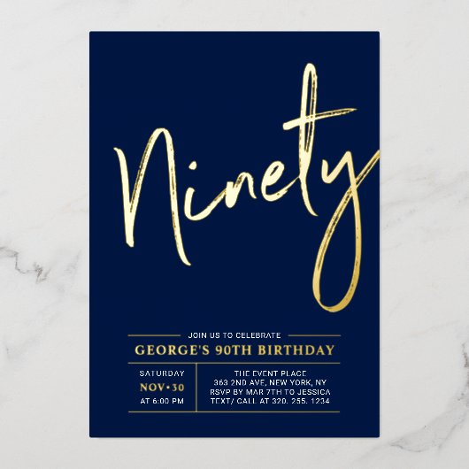 Invitation En Aluminium Quatre-vingts | Modern Gold Navy 90e fête d'annive (Recto)