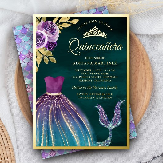 Invitation En Aluminium Queue de sirène Turquoise pourpre foncée Quinceane