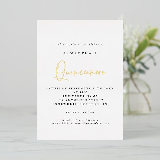 Invitation En Aluminium Quinceanera 15e anniversaire de fête Script Blanc  (Debout devant)