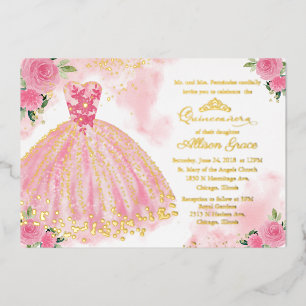 Invitation En Aluminium Quinceanera à fleurs roses chaudes