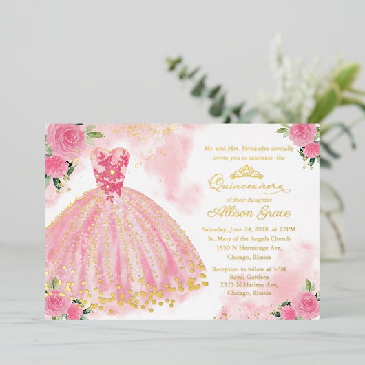 Invitation En Aluminium Quinceanera à fleurs roses chaudes (Debout devant)