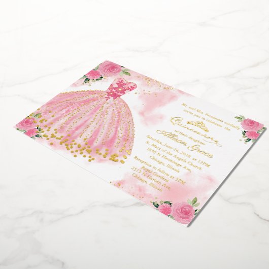 Invitation En Aluminium Quinceanera à fleurs roses chaudes (Rotation)