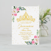 Invitation En Aluminium Quinceanera à fleurs roses chaudes (Debout devant)