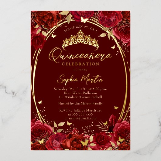 Invitation En Aluminium Quinceanera à papillon floral captivant l'or rouge (Recto)