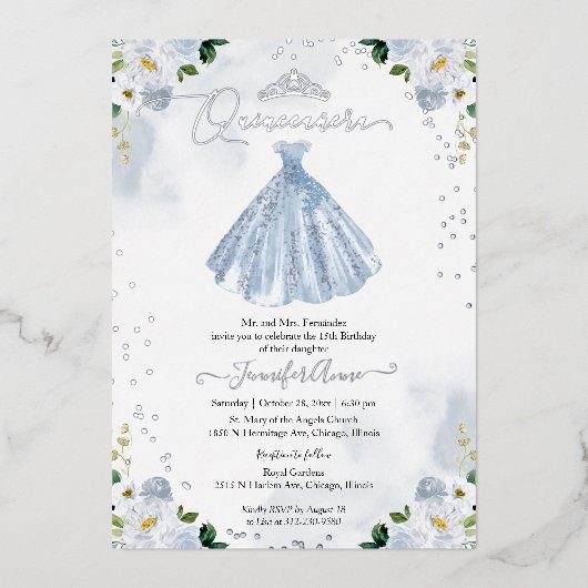 Invitation En Aluminium Quinceanera bleu pâle (Recto)