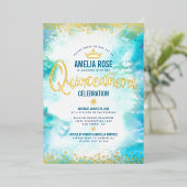 Invitation En Aluminium Quinceañera Couronne Turquoise Aquarelle Véritable (Debout devant)