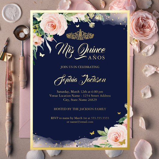 Invitation En Aluminium Quinceanera de la Marine rose Florale
