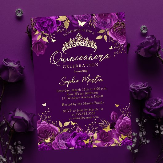 Invitation En Aluminium Quinceanera de papillon floral violet