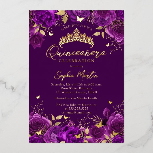 Invitation En Aluminium Quinceanera de papillon floral violet (Recto)