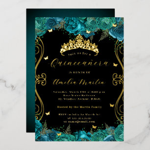 Invitation En Aluminium Quinceanera Défilement Floral Sarcelle Noir Or
