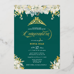 Invitation En Aluminium Quinceañera Émeraude Verte Florale Or