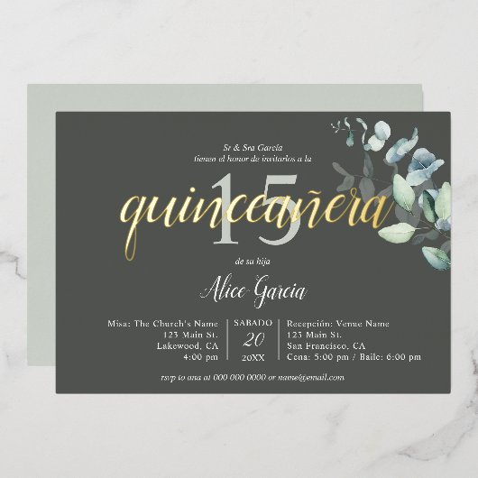 Invitation En Aluminium Quinceanera Feuille de Boho Eucalyptus (Recto/Verso)