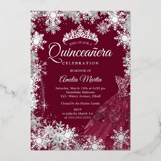 Invitation En Aluminium Quinceanera, flocon de neige d'hiver de Bourgogne (Recto)