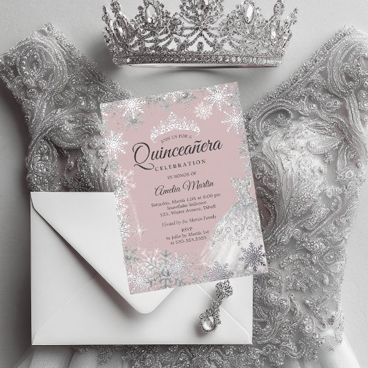 Invitation En Aluminium Quinceanera, flocon de neige rose argenté en hiver