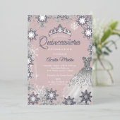 Invitation En Aluminium Quinceanera, flocon de neige rose pâle en hiver (Debout devant)