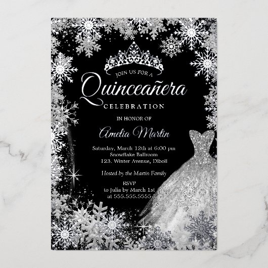 Invitation En Aluminium Quinceanera, flocon d'hiver noir en argent (Recto)