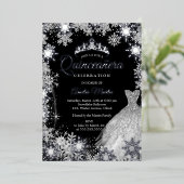Invitation En Aluminium Quinceanera, flocon d'hiver noir en argent (Debout devant)