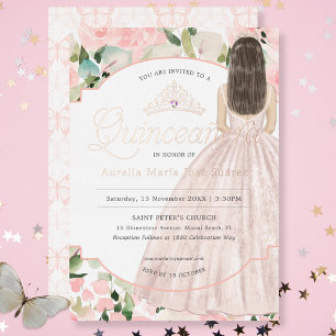 Invitation En Aluminium Quinceañera floral aquarelle papillon rose poudrée