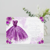 Invitation En Aluminium Quinceanera florale d'argent violet (Debout devant)