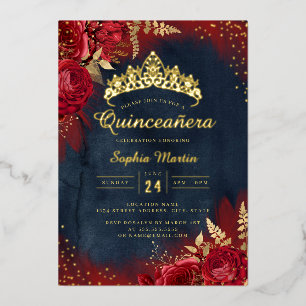 Invitation En Aluminium Quinceanera florale de la Marine rouge