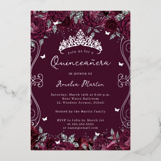 Invitation En Aluminium Quinceanera florale de l'Argent de Bourgogne (Recto)