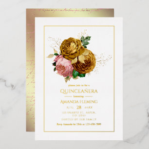 Invitation En Aluminium Quinceañera Florale Dorée et Rose Pâle Vintage