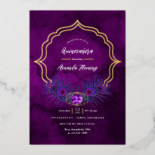 Invitation En Aluminium Quinceañera florale paon violet et or