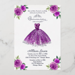 Invitation En Aluminium Quinceanera florale pourpre