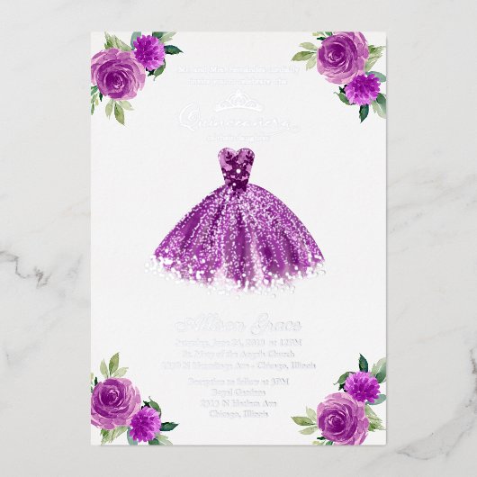 Invitation En Aluminium Quinceanera florale pourpre (Recto)