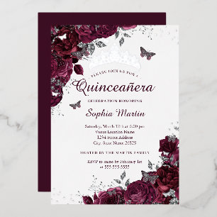 Invitation En Aluminium Quinceanera florale soyeux bordeaux élégant