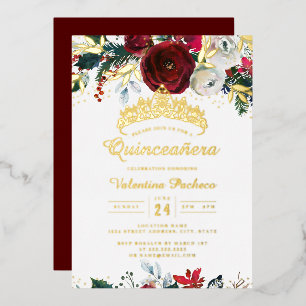 Invitation En Aluminium Quinceanera Foliage de Fête Rouge Or de Noël