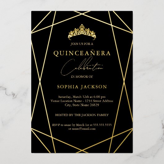 Invitation En Aluminium Quinceanera géométrique Noir Or Elégant 15e (Recto)