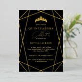Invitation En Aluminium Quinceanera géométrique Noir Or Elégant 15e (Debout devant)