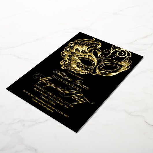 Invitation En Aluminium Quinceanera Masquerade Black Gold (Rotation)