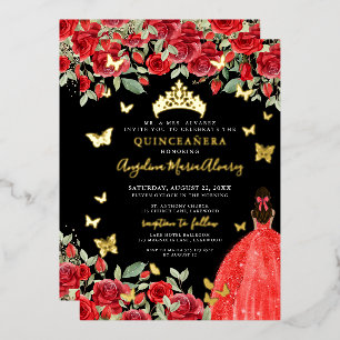 Invitation En Aluminium Quinceanera Noir Rouge Or