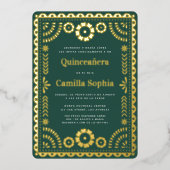 Invitation En Aluminium Quinceañera Papel Picado Dark Green Gold (Recto)