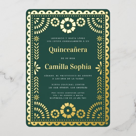 Invitation En Aluminium Quinceañera Papel Picado Dark Green Gold (Recto)