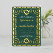 Invitation En Aluminium Quinceañera Papel Picado Dark Green Gold (Debout devant)